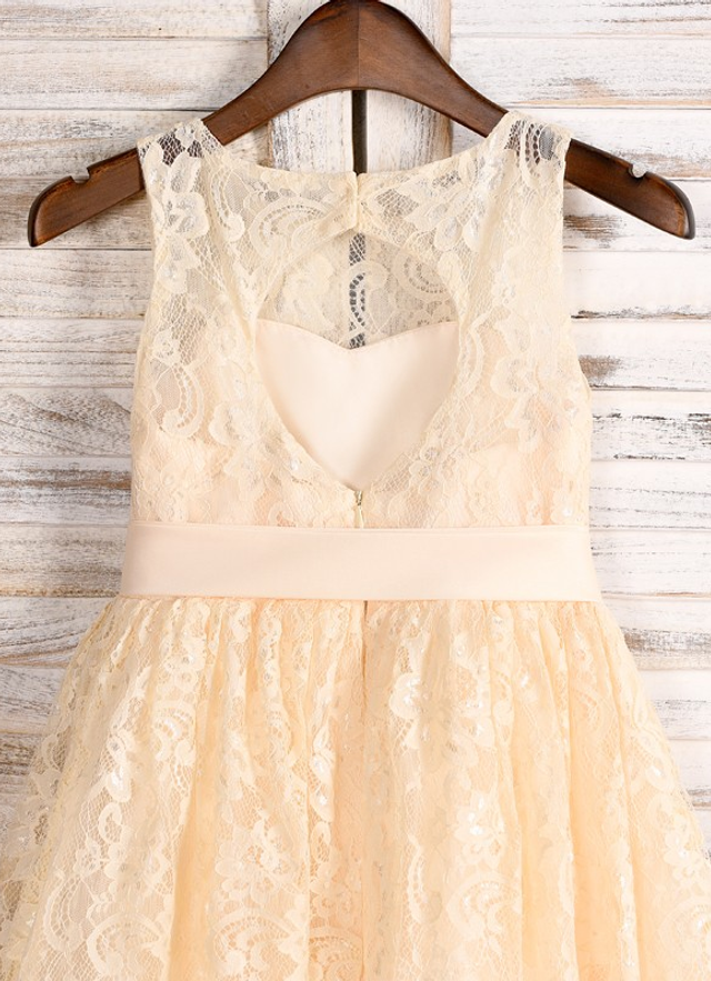 A-line Lace Sash Scoop Sleeveless Tea-length Flower Girl Dresses