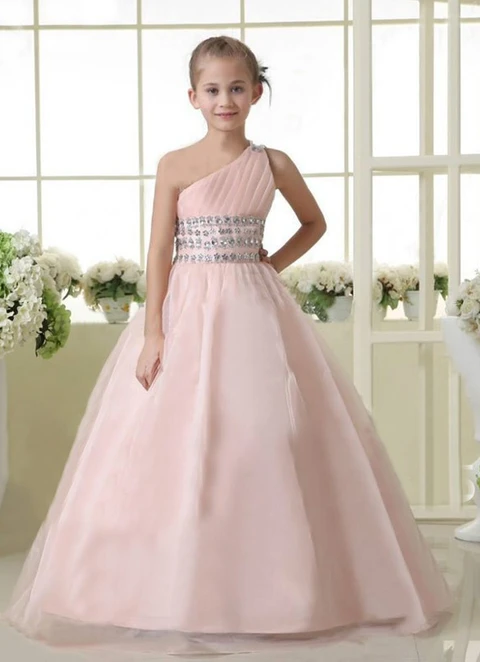 Ball-gown/princess Floor-length One Shoulder Sleevesless Organza Beading Junior Bridesmaid Dresses