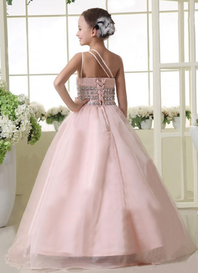 Ball-gown/princess Floor-length One Shoulder Sleevesless Organza Beading Junior Bridesmaid Dresses