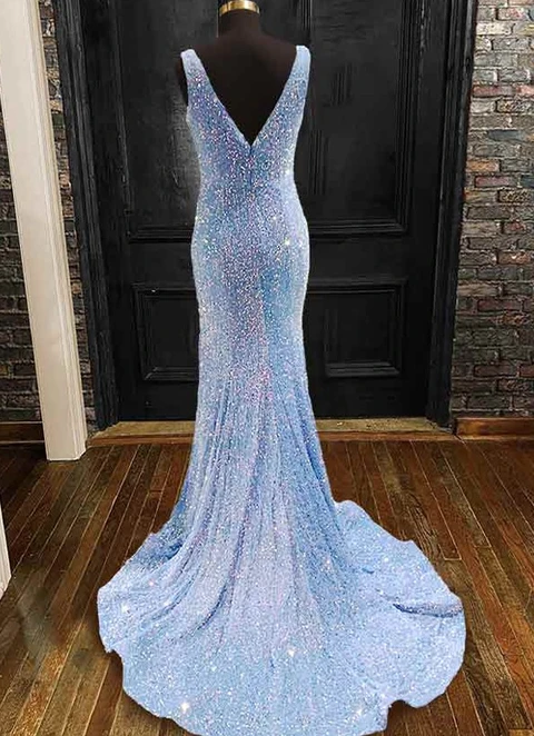 Sheath/column Trumpet/mermaid V Neck Velvet Sequins Sweep Train Dresses