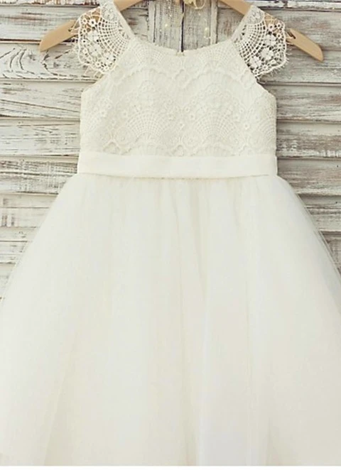 Ball-gown/princess Scoop Sleeveless Lace Knee-length Tulle Flower Girl Dresses