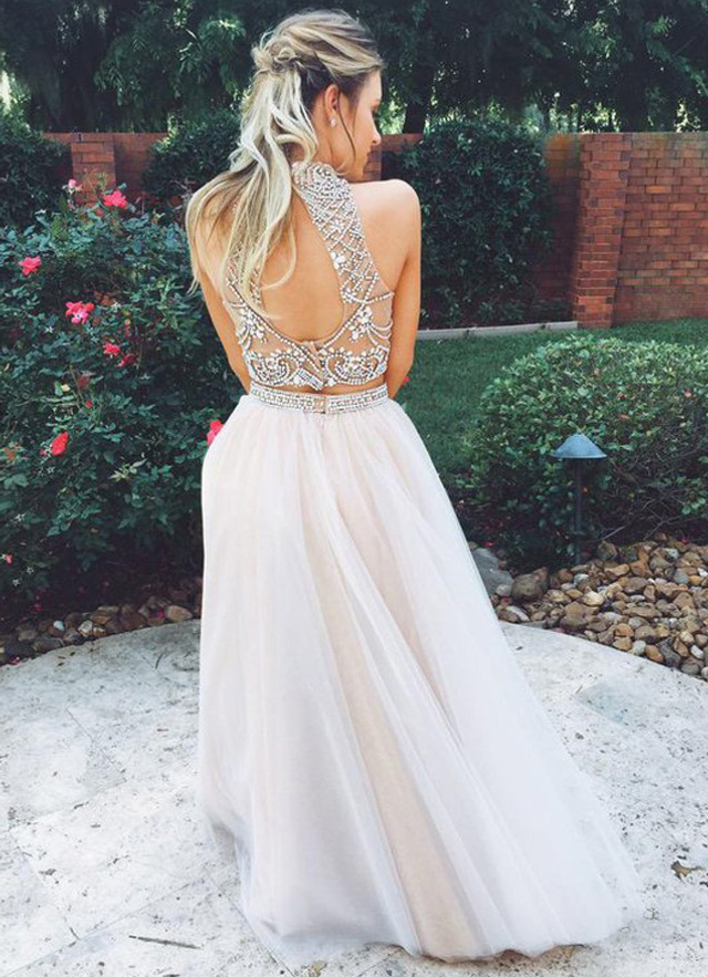 Princess Sleeveless Halter Sweep Train Tulle Two Piece Prom Dress With Beading