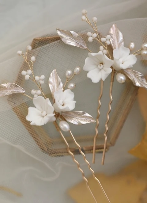 Pearl Elegant Bridal Ceramic Flower Hair Fork