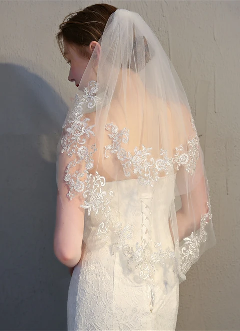 Double Layers Short With Hair Comb Fine Silver Lace Lace Veil